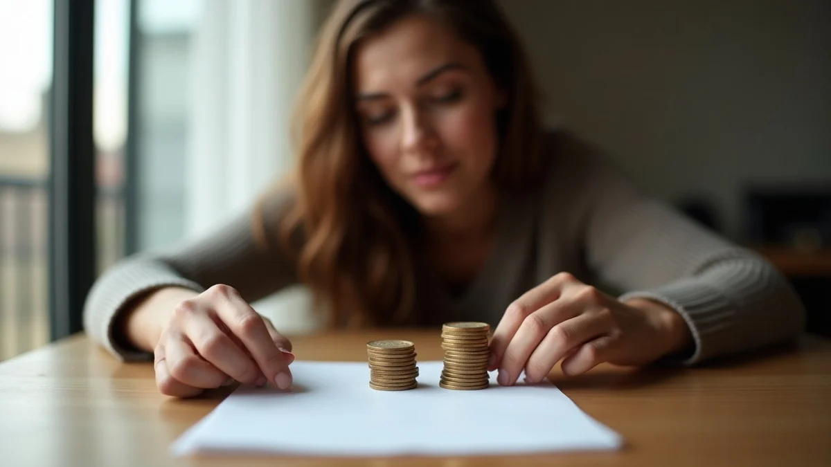 An adult dater studies two unlabeled wooden tokens beside a modest stack of coins