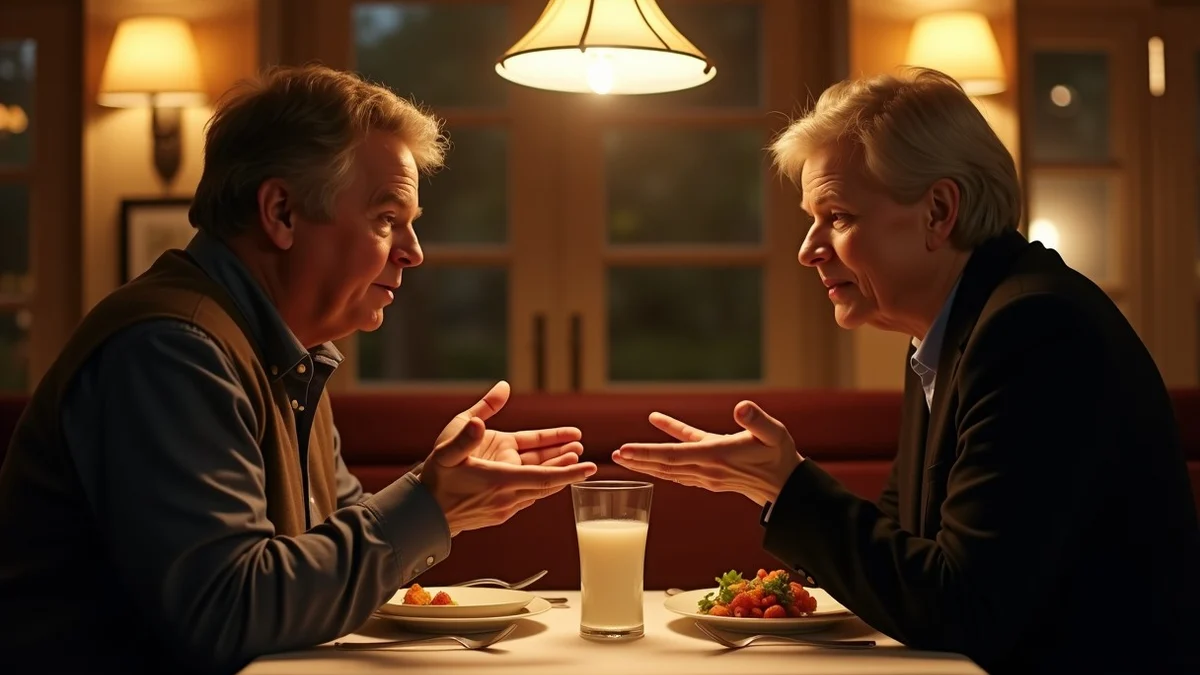 One middle-aged diner offers a modest open-palmed apology across a small restaurant table while the other listens with a measured expression