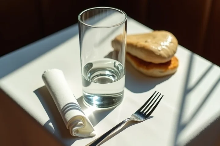 A toppled water glass rests beside a neatly folded napkin, an untouched entrée, and a fork slightly out of place on a small restaurant table