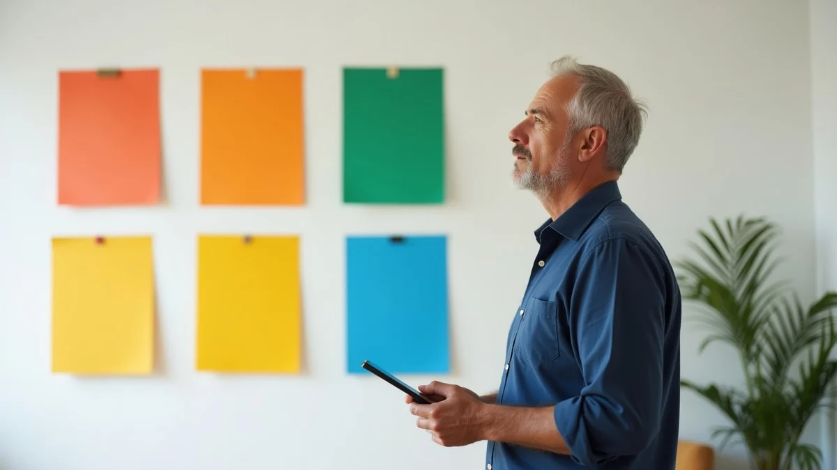A mature adult man considers four unmarked colored panels arranged at different heights in a bright home studio