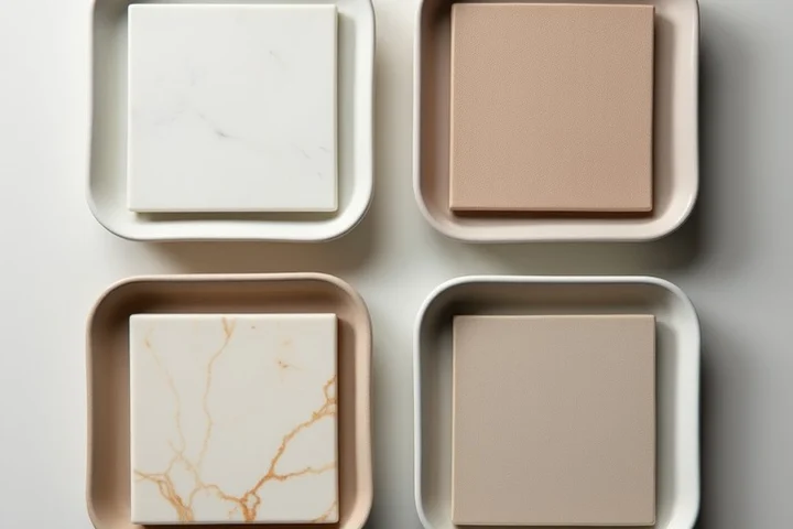 Four distinct ceramic tiles rest in separate shallow trays on a neutral design table