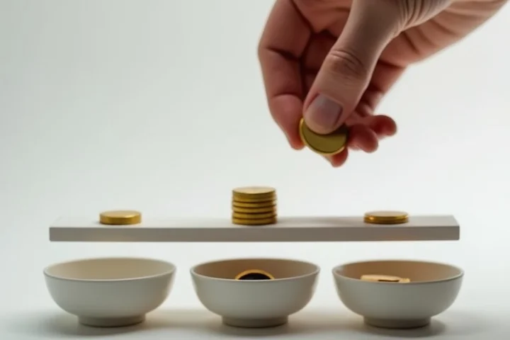 A hand places one plain brass token onto a balanced tabletop scale while four different unmarked tokens rest in separate shallow bowls