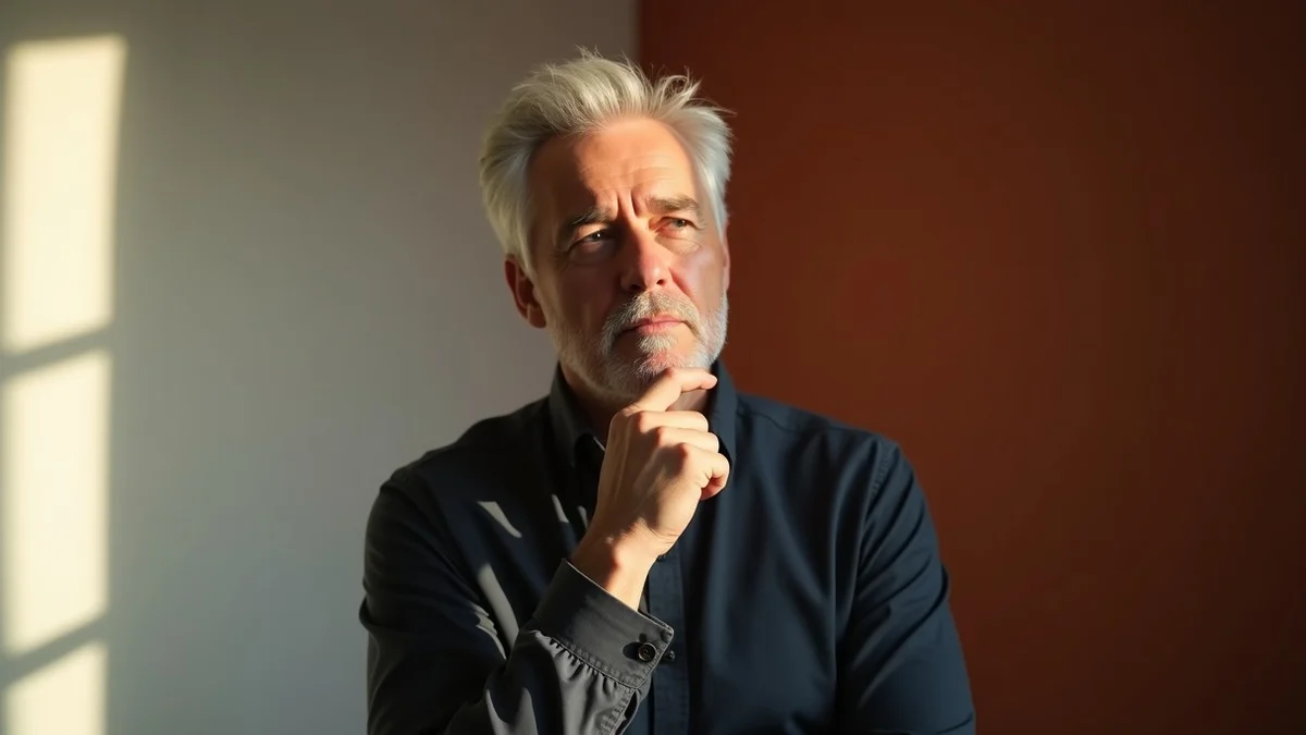 A thoughtful silver-haired man poses in a quiet studio against a background divided by warm and cool natural light
