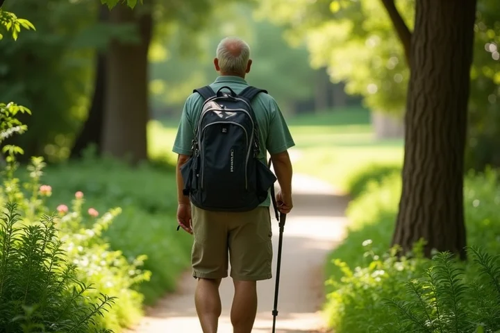 A mature hiker pauses at a fork in a quiet botanical garden path, one route sunlit and the other shaded