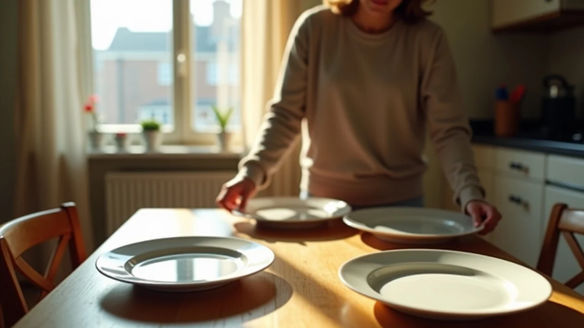 An adult rearranges two mismatched dinner plates on a freshly set kitchen table