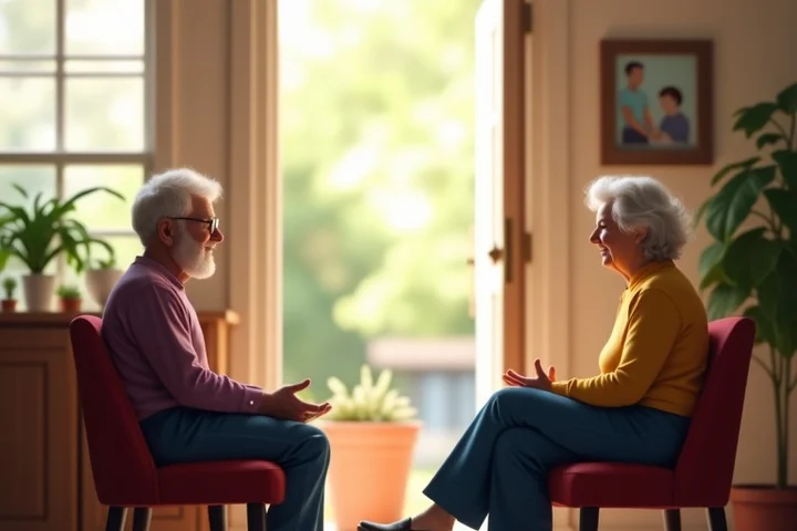 Two mature adults share a calm conversation in a small neighborhood community room, one listening attentively while the other speaks