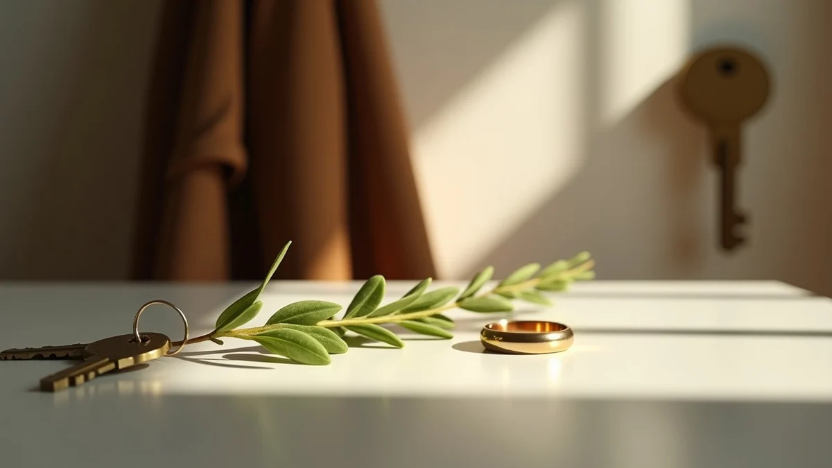 A wedding ring rests beside a house key and a fresh green sprig on a quiet entryway bench