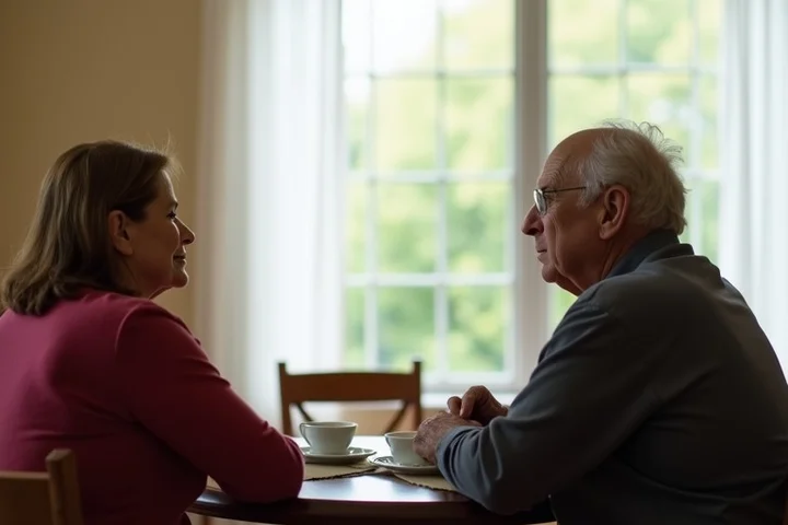Two middle-aged adults sit across a small table at a quiet community gathering