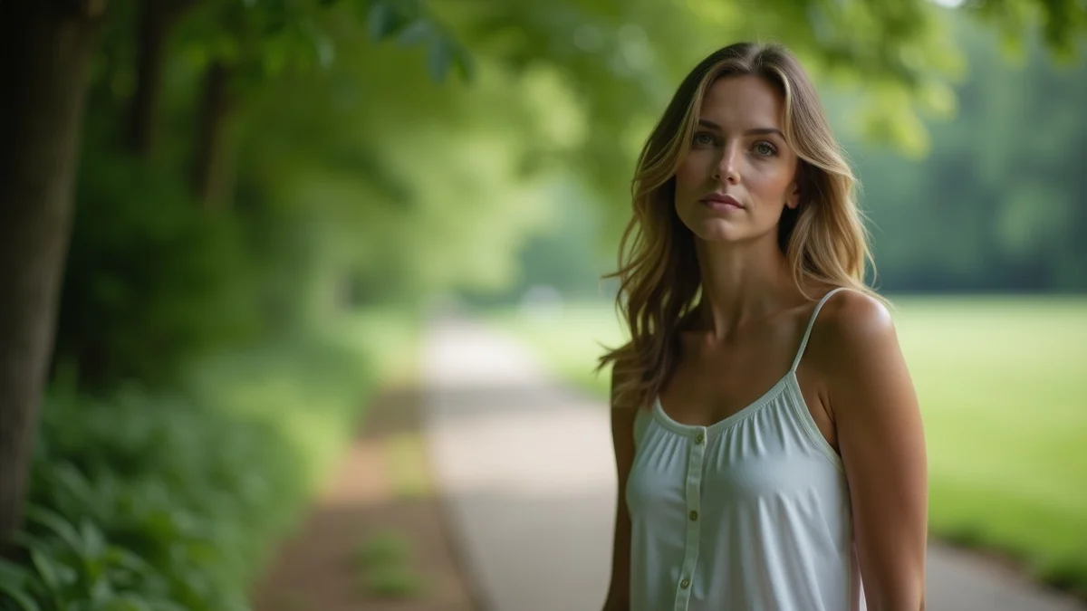 An introspective adult woman pauses beside a leafy trail in a quiet American park