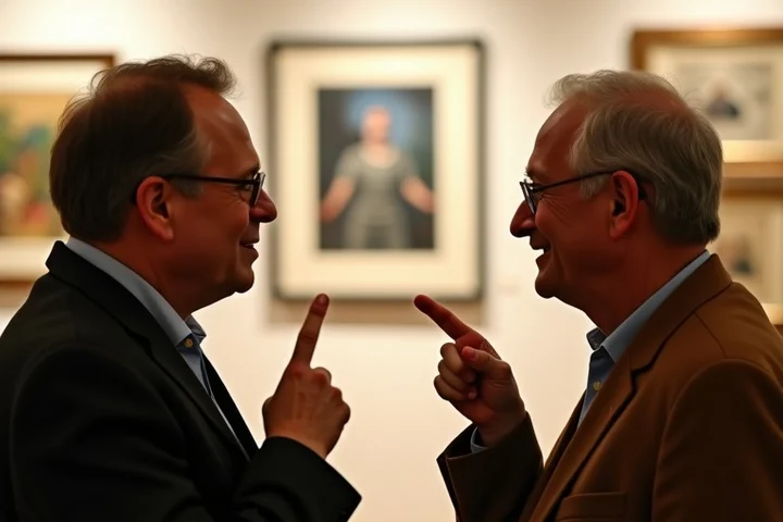 Two adults thoughtfully choose where to pause in a small community art gallery