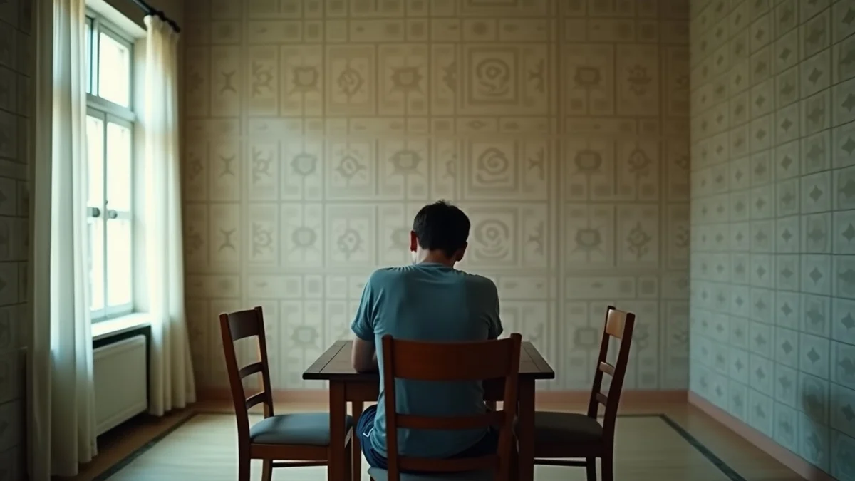 A weary adult pauses at a small dining table in a quiet apartment