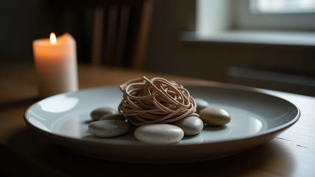 A shallow ceramic tray holds six colored cords tangled into unfinished loops around smooth stones beside an extinguished candle