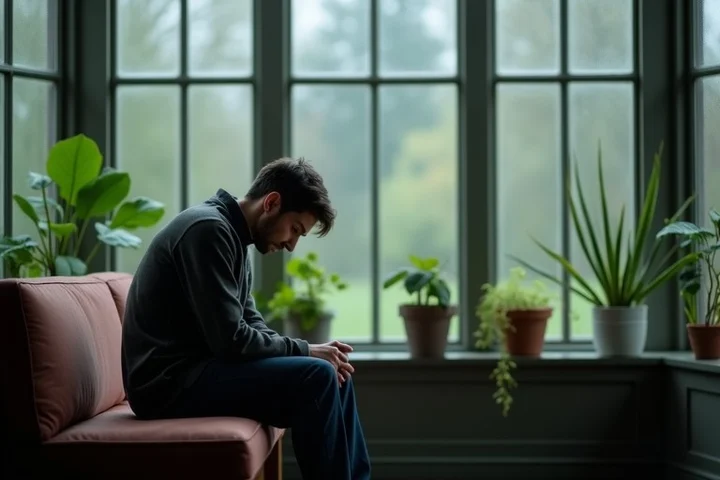 A tired adult in their late thirties sits alone on a cushioned bench inside a quiet glass-walled conservatory