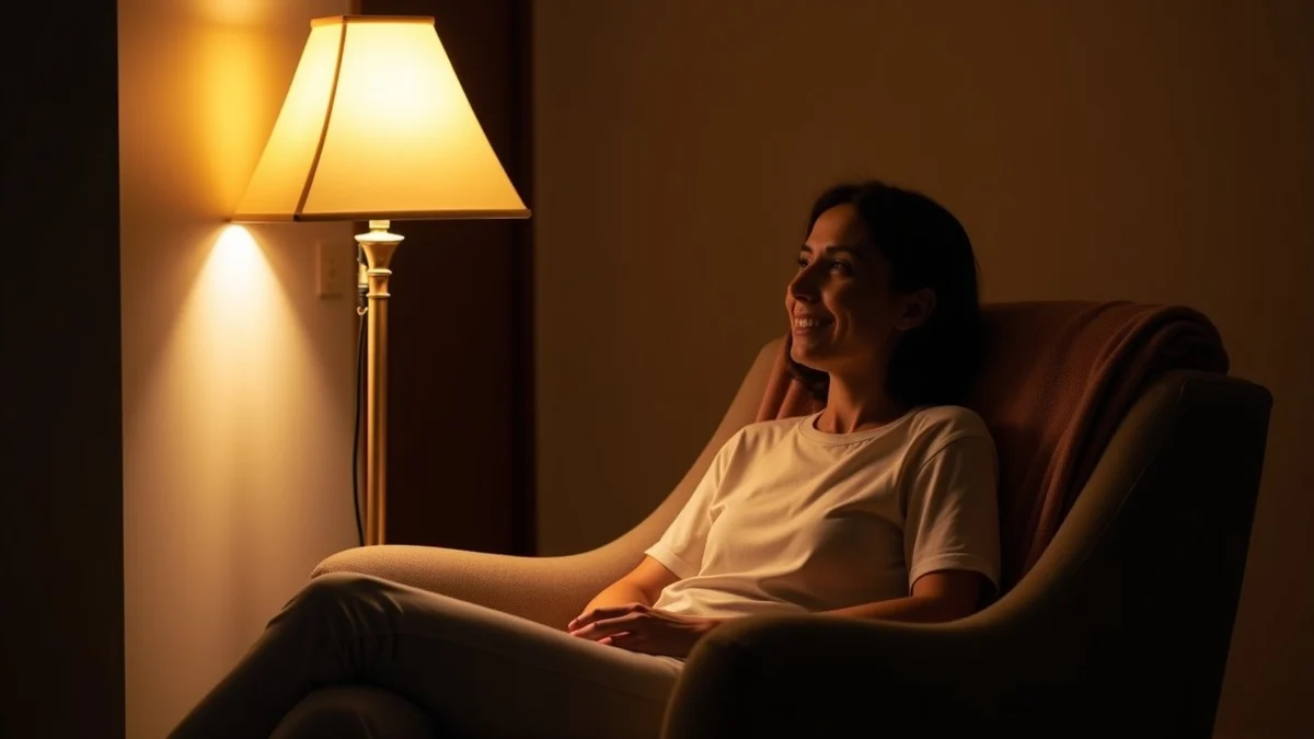 An adult turns off a hallway lamp before settling into a quiet armchair at home, making room for recovery after several demanding social interactions