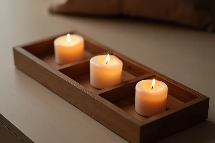 Three unlit candles rest in separate compartments of a narrow wooden tray, with a fourth empty space clearly visible