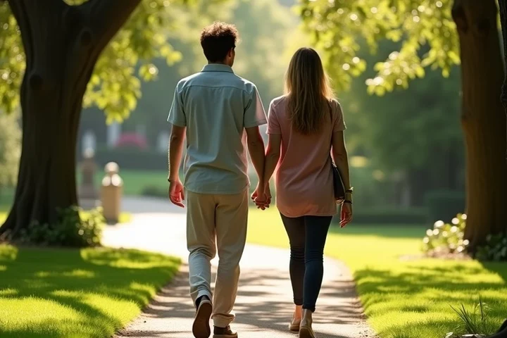 Two adults in their thirties walk side by side along a peaceful botanical garden path