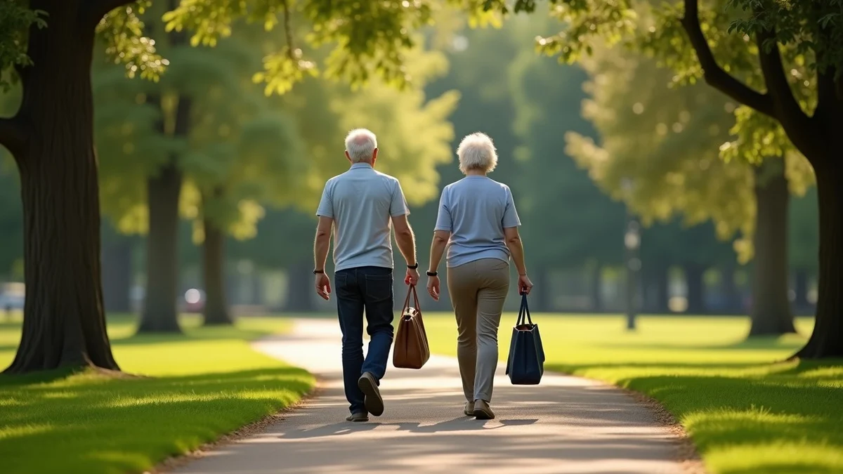 Two adults in their late 50s take an unhurried walk through a peaceful arboretum