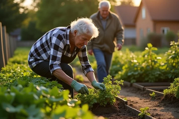 An older woman finishes tending herbs at a community allotment as an older man arrives for a relaxed walk beside the garden paths
