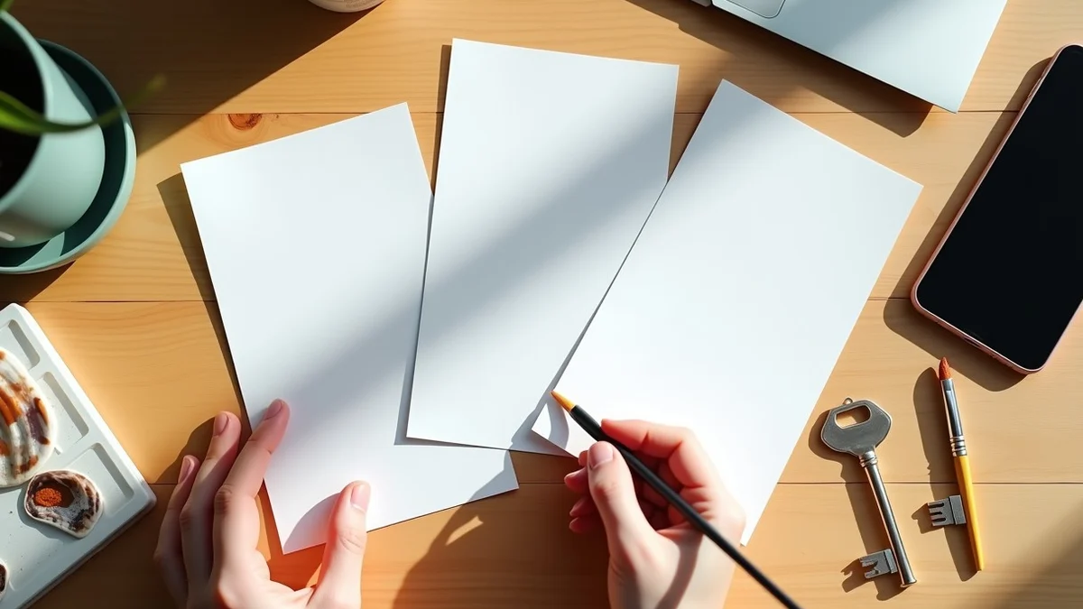 Three blank profile cards lie with a paintbrush, a seashell, and a house key on a sunlit home studio desk
