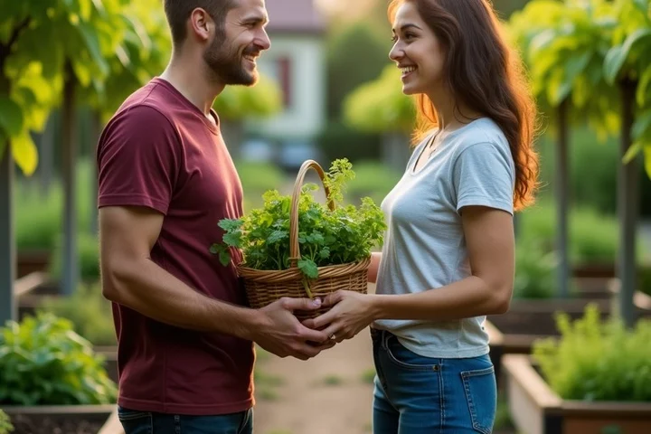 A pair of adults trade a basket of fresh herbs beside raised beds in a neighborhood community garden, turning a vague introduction into a specific