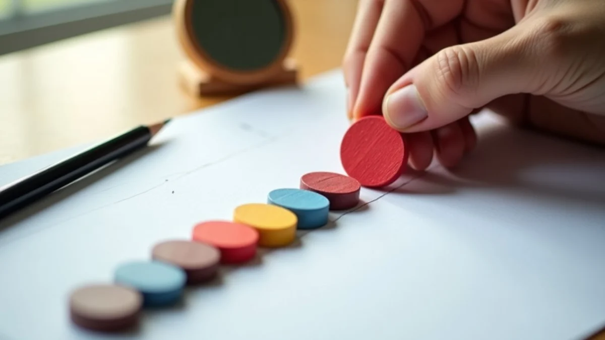 A hand removes one red wooden token from a carefully arranged row of colored tokens on a writing desk, beside a pencil and a small mirror