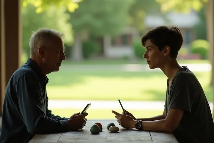 A calm face-to-face conversation between two adults unfolds at a small table in a quiet neighborhood park pavilion