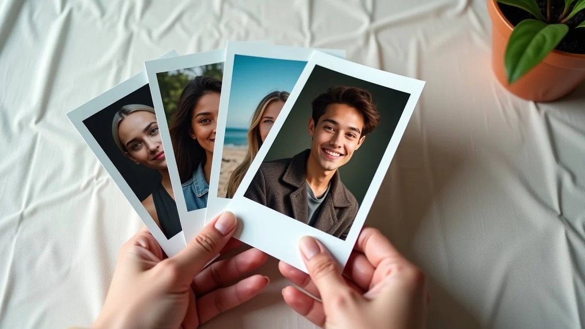 A hand sorts six distinct current portrait photographs into a neat fan on a linen tabletop, including clear solo portraits, one wider outdoor image