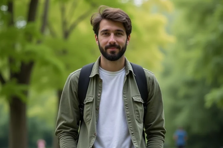A photographer captures a clear solo portrait of an adult standing naturally in a leafy public garden