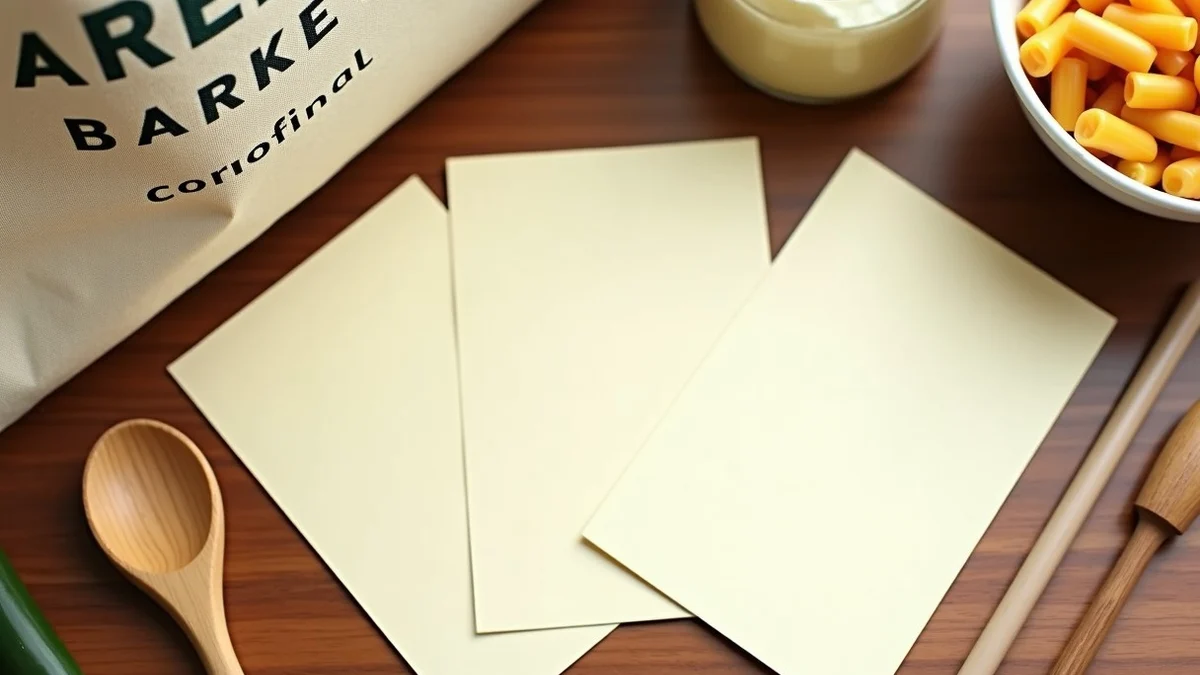 Three unmarked cream cards fan out beside a farmers-market tote, a wooden spoon, and a small bowl of pasta