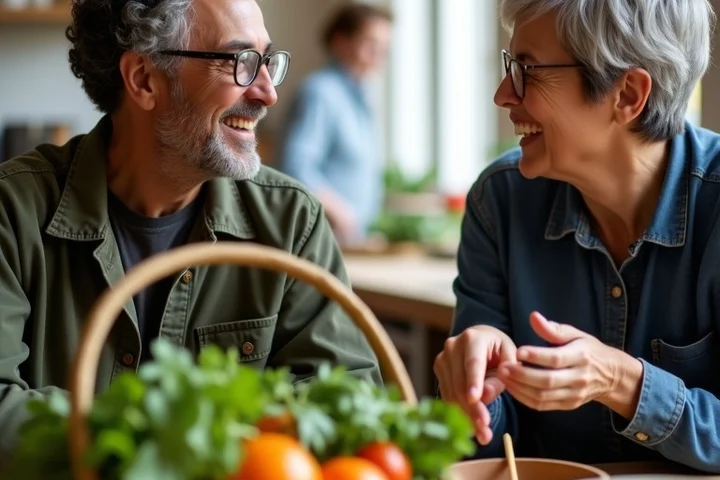 Two adults share an animated conversation at a communal cooking table as one gestures toward an unusual basket of vegetables and a handmade bowl