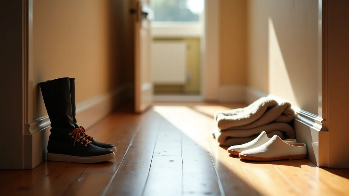 Two pairs of shoes are deliberately arranged at different distances from an apartment entryway