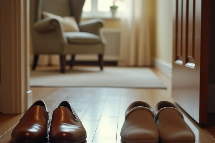 Two pairs of shoes rest in separate parts of a shared home, polished shoes by the front door and soft slippers beside a calm armchair