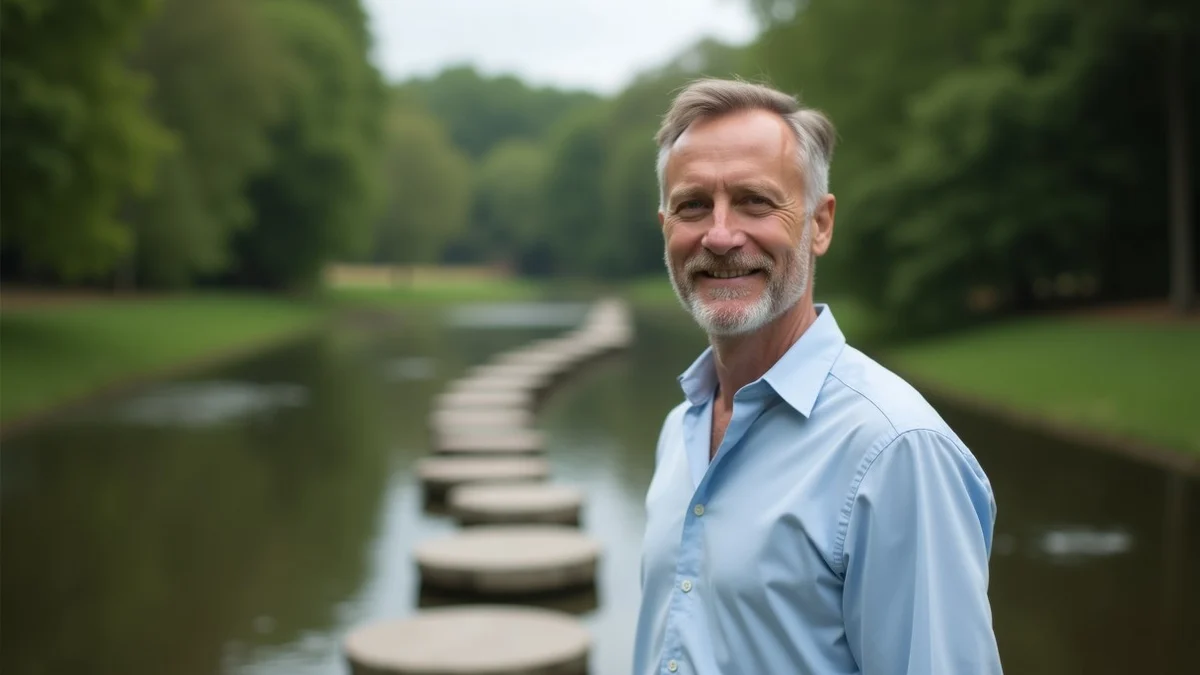 A composed adult man stands at the beginning of an orderly stepping-stone path in a serene riverside garden