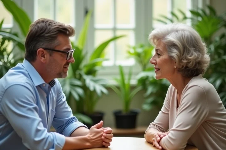 Two adults in their forties share an attentive conversation across a small table in a bright conservatory