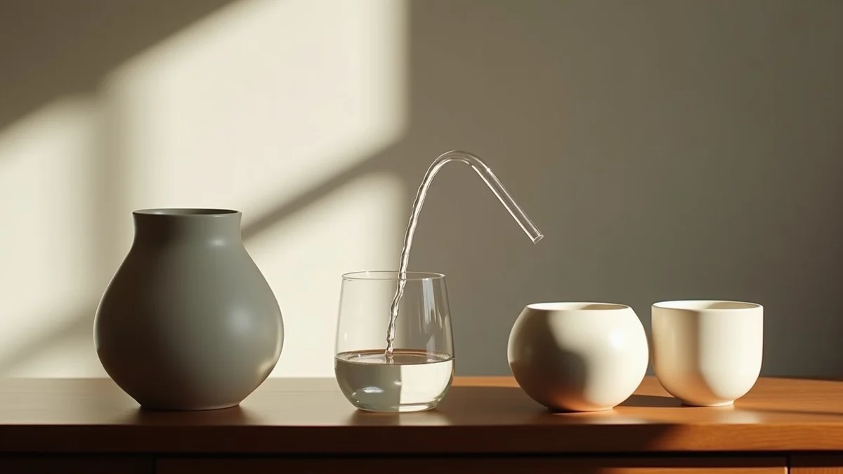 A clear glass tube carries a gentle stream of water between two separate matte ceramic vessels