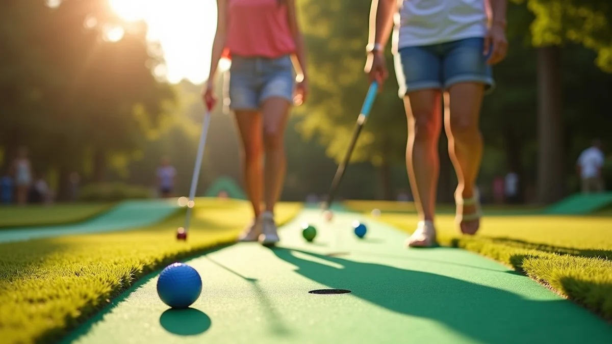 Two adults begin a relaxed round of miniature golf on a bright outdoor course