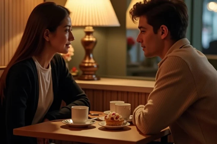 An adult listens attentively to a companion across a small tea table in a quiet evening tea room, with a simple dessert creating an easy