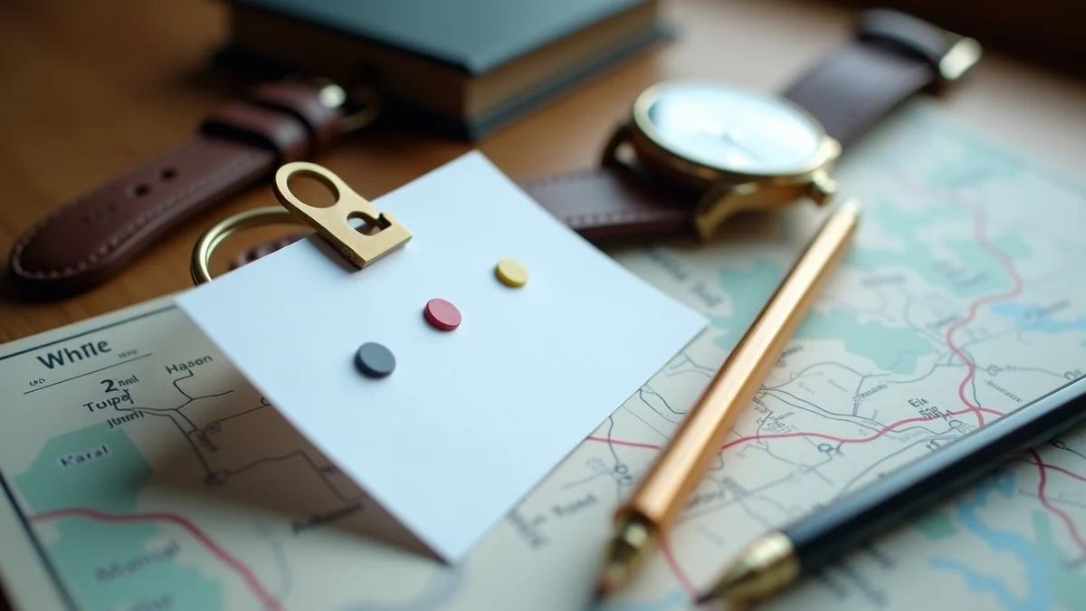 A brass keyring anchors a practical first-date safety kit on an entryway console: a blank note card marked only with three colored dots, a wristwatch