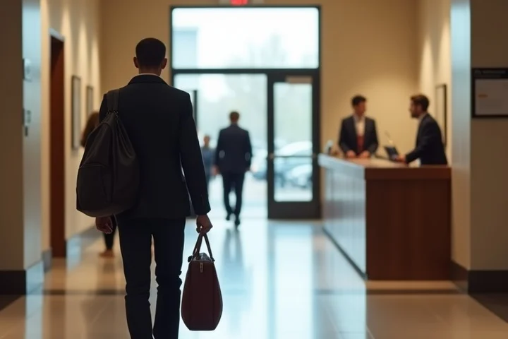 An adult keeps a shoulder bag close while moving toward a staffed museum reception desk