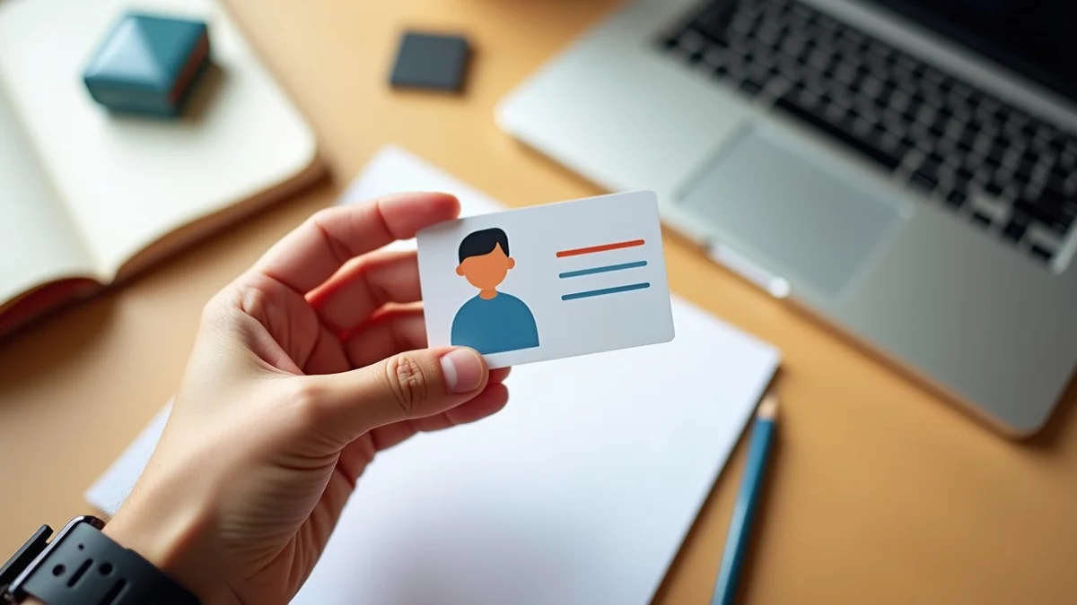 A hand pairs a small illustrated profile card with a blank reply card on a tidy writing desk