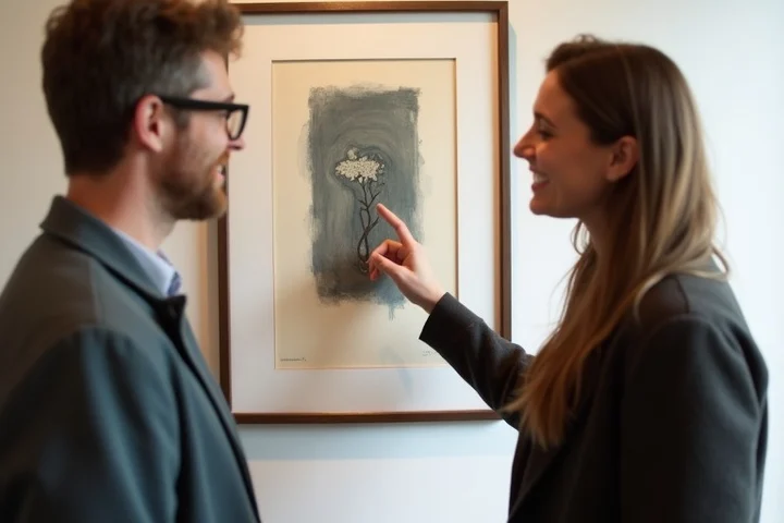 Two adults share a warm first conversation beside a framed abstract print in a quiet community art room