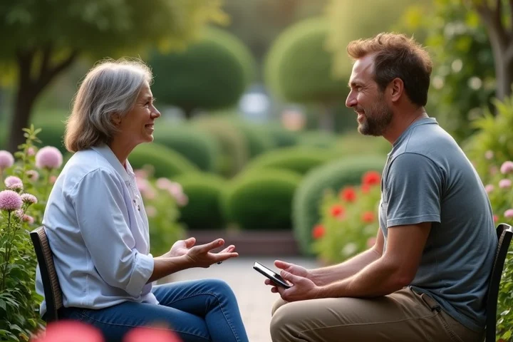 Two adults sit facing each other in a peaceful community garden, one speaking with an open hand gesture while the other listens attentively