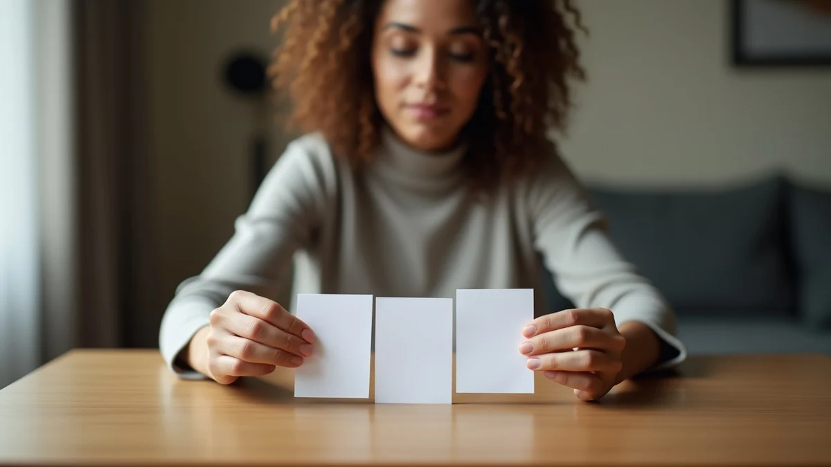 A thoughtful adult weighs three blank dating-profile cards at a quiet wooden table in a softly furnished home