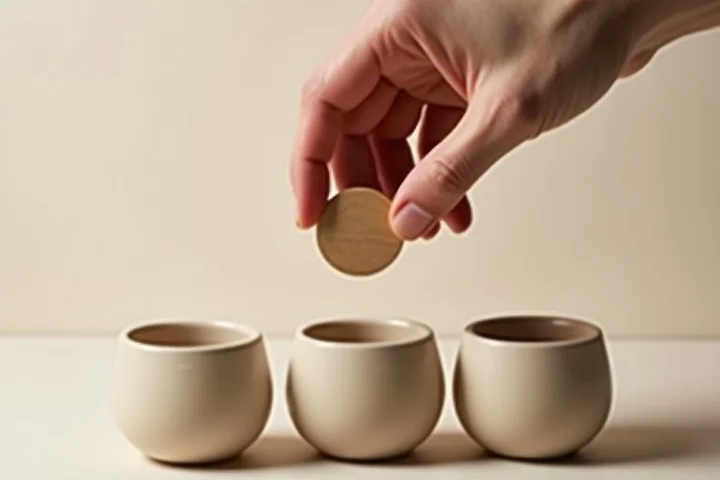 A hand places a smooth wooden token into one of three open ceramic compartments in a quiet service-design studio
