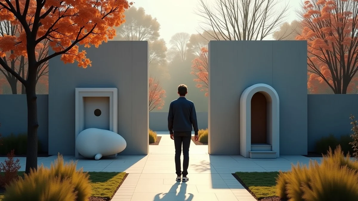 An adult calmly compares two open, unmarked garden gateways