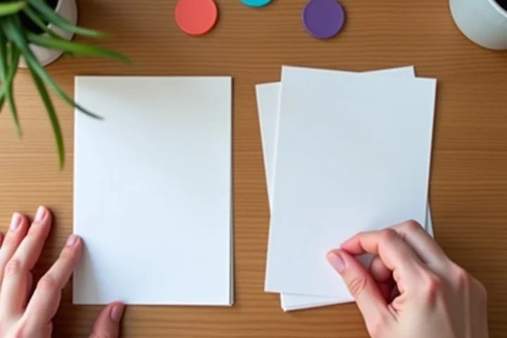 A hand selects one of two carefully arranged sets of blank conversation cards and small colored tokens on a wooden desk