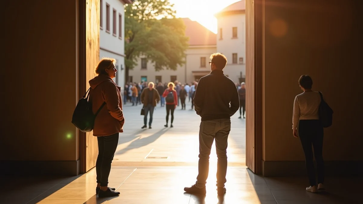 Two adults finish a brief conversation beside the quiet exit of a museum courtyard