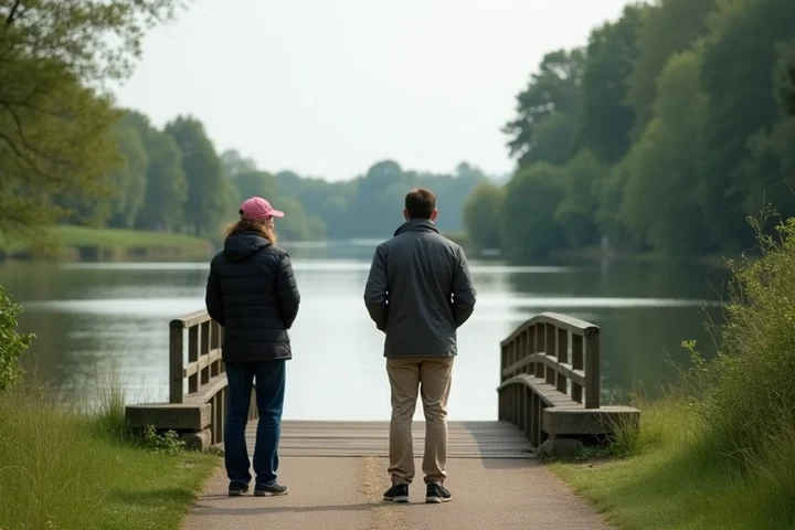 Two adults pause beside a low footbridge at the end of a riverside walking trail, considering whether to extend their relaxed outing