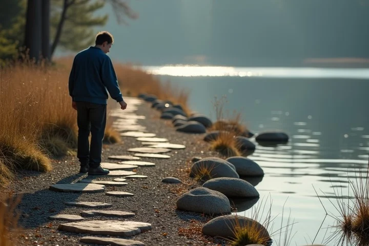 A lone adult places one smooth stone at a time along a forked lakeside walking trail, with a small untouched pile beside the second path