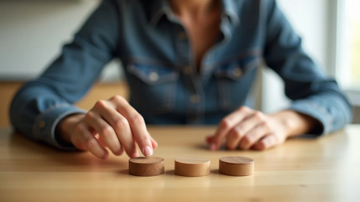 An adult studies three unmarked wooden tokens arranged in a triangle on a dining table, one hand hovering over the option that best fits